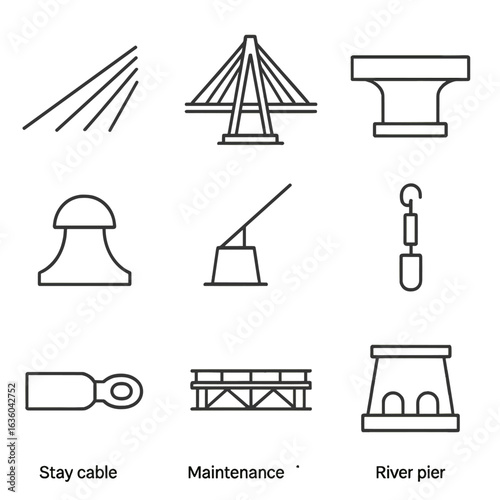 Bridge Components Icons. Line style icons of Cable-Stayed Bridges: stay cable fan, central pylon, deck girder, cable saddle,