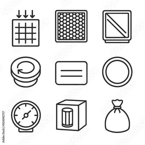 Filter Parts Iconography. Line style icons of Filter Replacement Parts: particulate pre-filter, activated carbon filter, filter
