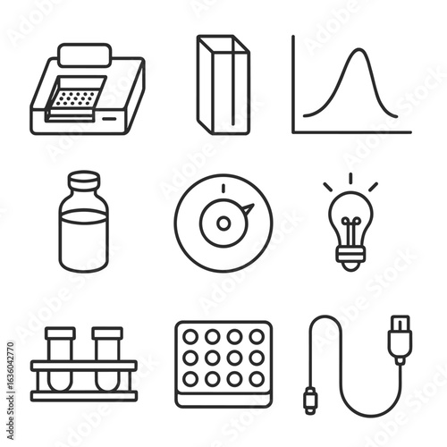 Spectrophotometry Icons Setup. Line style icons of Spectrophotometry Setup: microplate reader, cuvette, absorbance graph, blank