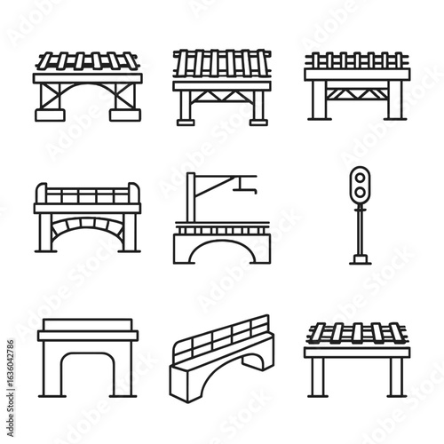 Railroad Bridge Icons. Line style icons of Railroad Bridges: ballast deck, girder floorbeam, crosstie sleeper, guard rail,