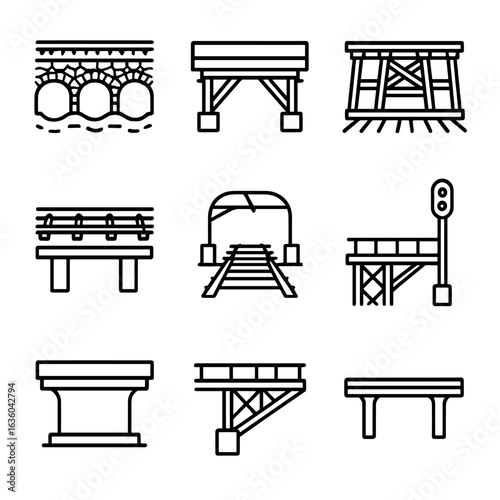 Railroad Bridge Icons. Line style icons of Railroad Bridges: ballast deck, girder floorbeam, crosstie sleeper, guard rail,