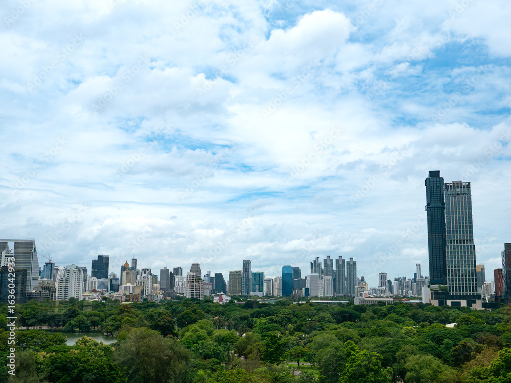 Fototapeta premium Bangkok cityscape skyline Thailand, Lumphini Public park and Bangkok cityscape in metropolis city.