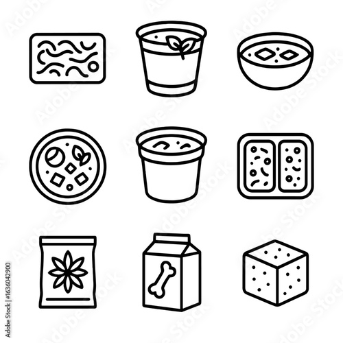 Frozen Soup Icons. Line style icons of Frozen Soups & Broths: chicken noodle block, tomato basil cup, miso soup puck, beef broth