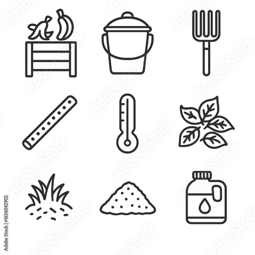 Backyard Composting Icons. Line style icons of Backyard Composting: compost bin, kitchen scrap pail, turning fork, aeration pipe,