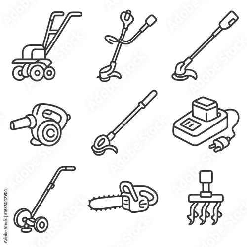 Garden Tool Icons. Line style icons of Power Gardening Equipment: electric tiller, string trimmer, hedge trimmer, leaf blower,