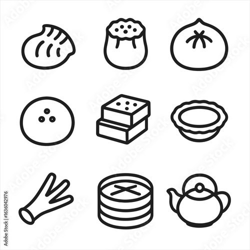 Dim Sum Icons. Line style icons of Chinese Dim Sum Favorites: shrimp har gow, pork siu mai, char siu bao, lotus seed bun, turnip