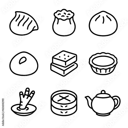 Dim Sum Icons. Line style icons of Chinese Dim Sum Favorites: shrimp har gow, pork siu mai, char siu bao, lotus seed bun, turnip