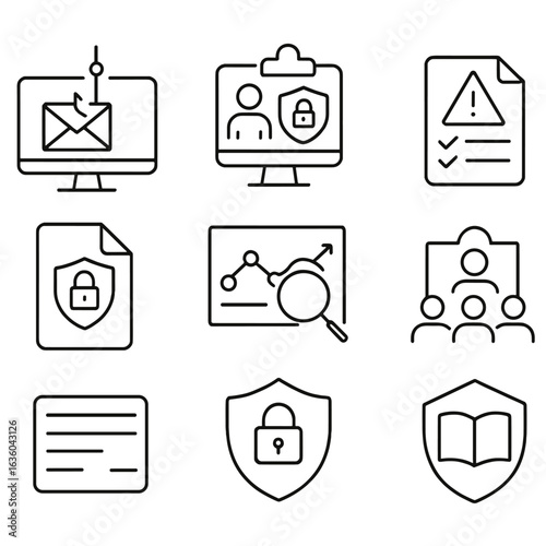 Cybersecurity Training Icons. Line style icons of awareness and training: phishing simulation icon, cyber training monitor, staff