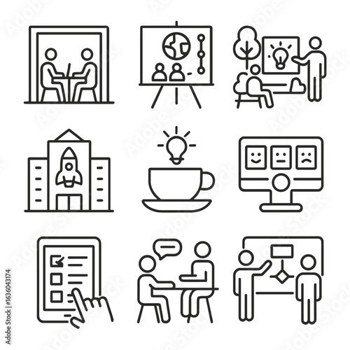 Urban Startup Icons. Line style icons of urban social startups: coworking hub icon, social impact pitchboard, idea presentation in