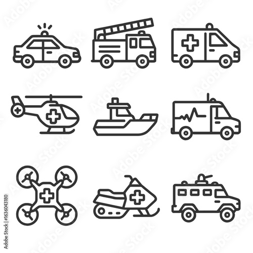Emergency Vehicle Icons. Line style icons of emergency transportation: police car, fire truck, ambulance, rescue helicopter, coast