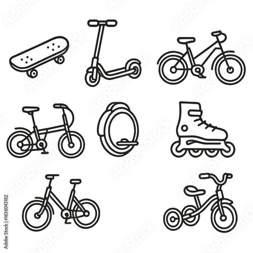 Line Style Mobility Icons. Line style icons of personal mobility devices: skateboard, kick scooter, hoverboard, electric bike,