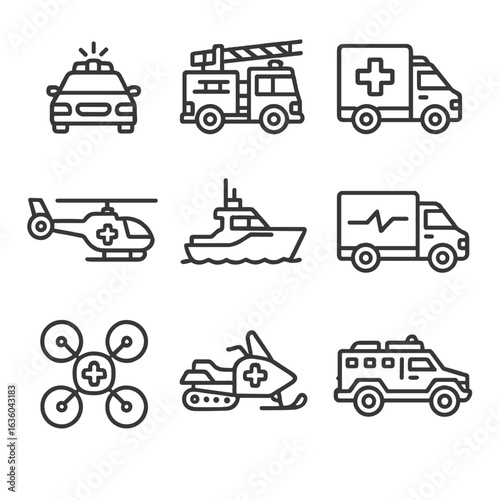 Emergency Vehicle Icons. Line style icons of emergency transportation: police car, fire truck, ambulance, rescue helicopter, coast