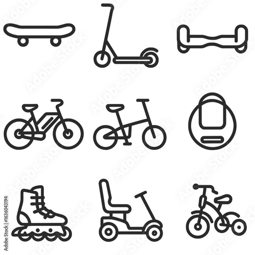 Line Style Mobility Icons. Line style icons of personal mobility devices: skateboard, kick scooter, hoverboard, electric bike,