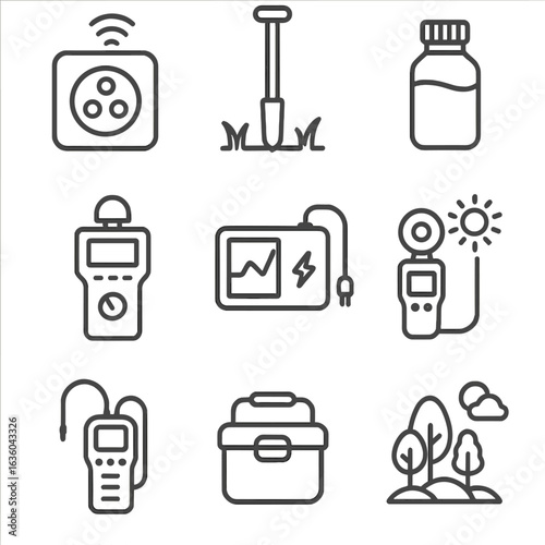 Environmental Science Icons. Line style icons of environmental science equipment: air quality sensor, soil test probe, water