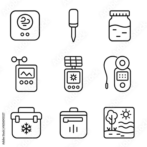 Environmental Science Icons. Line style icons of environmental science equipment: air quality sensor, soil test probe, water