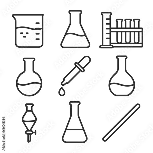Laboratory Glassware Icons. Line style icons of basic laboratory glassware: beaker with liquid, Erlenmeyer flask, graduated
