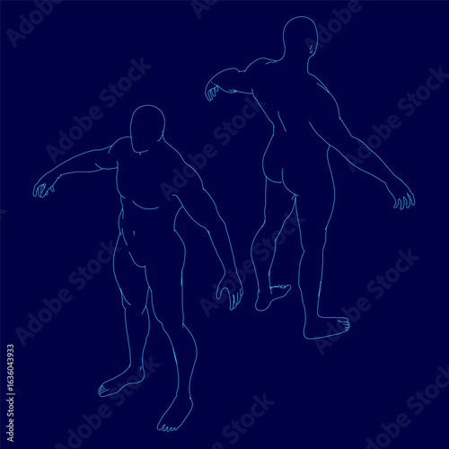 A blue male silhouette stands with arms outstretched against a dark blue background, creating a striking contrast. The body contour is sharply defined, emphasizing the figure's posture.