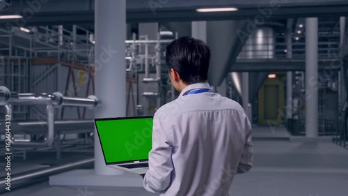 Wallpaper Mural Back View Of An Asian Male Professional Worker Standing in Distillery Interior with Large Fermentation Tanks, Typing On Laptop'S Keyboard With Green Screen And Look At The Factory Once Torontodigital.ca