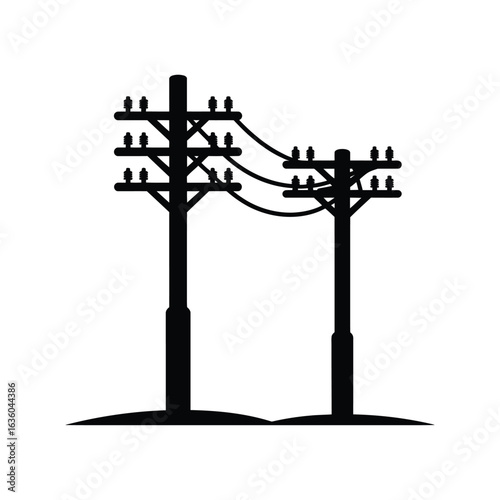 Silhouette of two electricity poles with wires and insulators