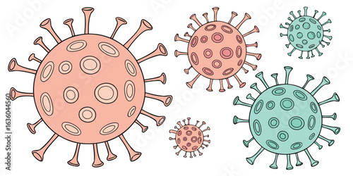 Colorful Cartoon Coronavirus Microbes with Spikes and Circular Markings Depicted on a White Backdrop for Educational Purposes