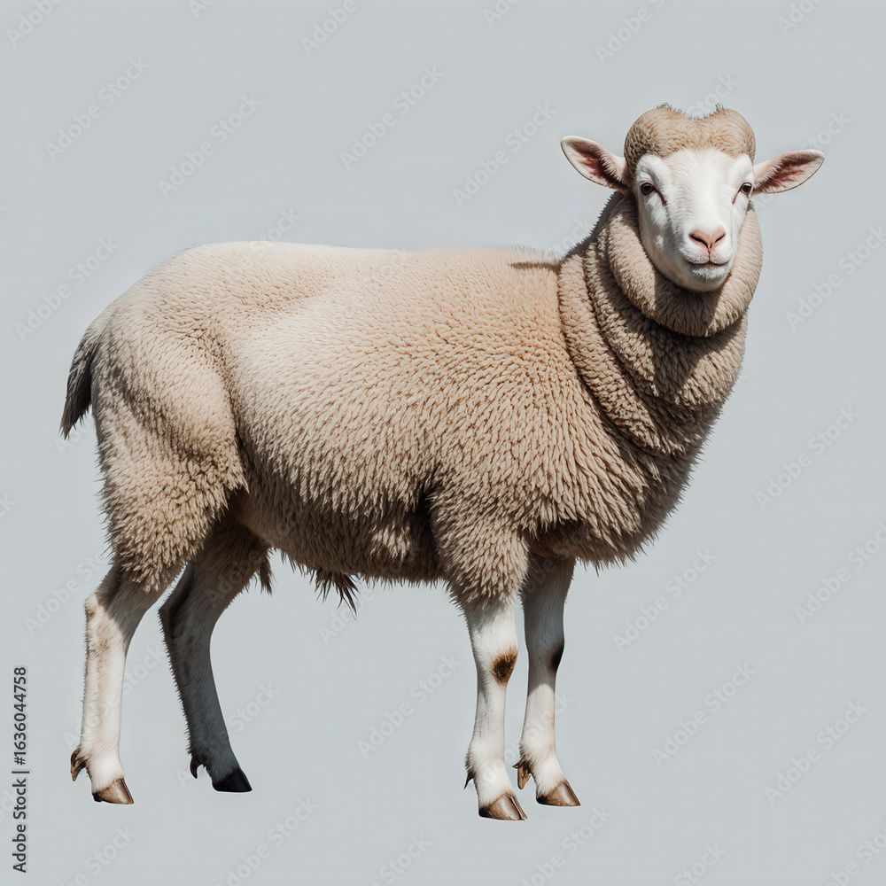 Fototapeta premium Sheep in Profile: A regal sheep stands poised, its woolly coat and gentle gaze radiate an air of peacefulness and pastoral calm. 