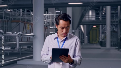 Wallpaper Mural Asian Male Professional Worker Standing With His Tablet in Distillery Interior with Large Fermentation Tanks, He Is Nodding His Head With Dissapionted Torontodigital.ca