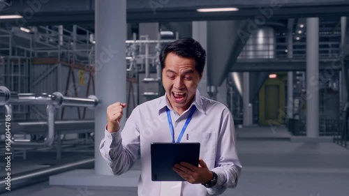 Wallpaper Mural Asian Male Professional Worker Standing With His Tablet in Distillery Interior with Large Fermentation Tanks, He Raises His Fist Up With Screaming Goal Torontodigital.ca
