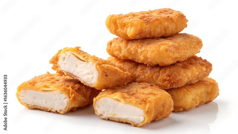 Golden-brown chicken nuggets piled high, showcasing their crispy breaded coating and juicy white meat interior—perfectly cooked and ready to serve. Golden-brown chicken nuggets piled high, showcasing their crispy breaded coating and juicy white meat interior—perfectly cooked and ready to serve.