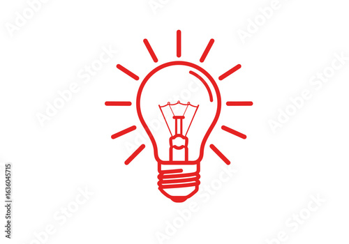 title A bright red line drawing of a lightbulb with rays emanating from it set against