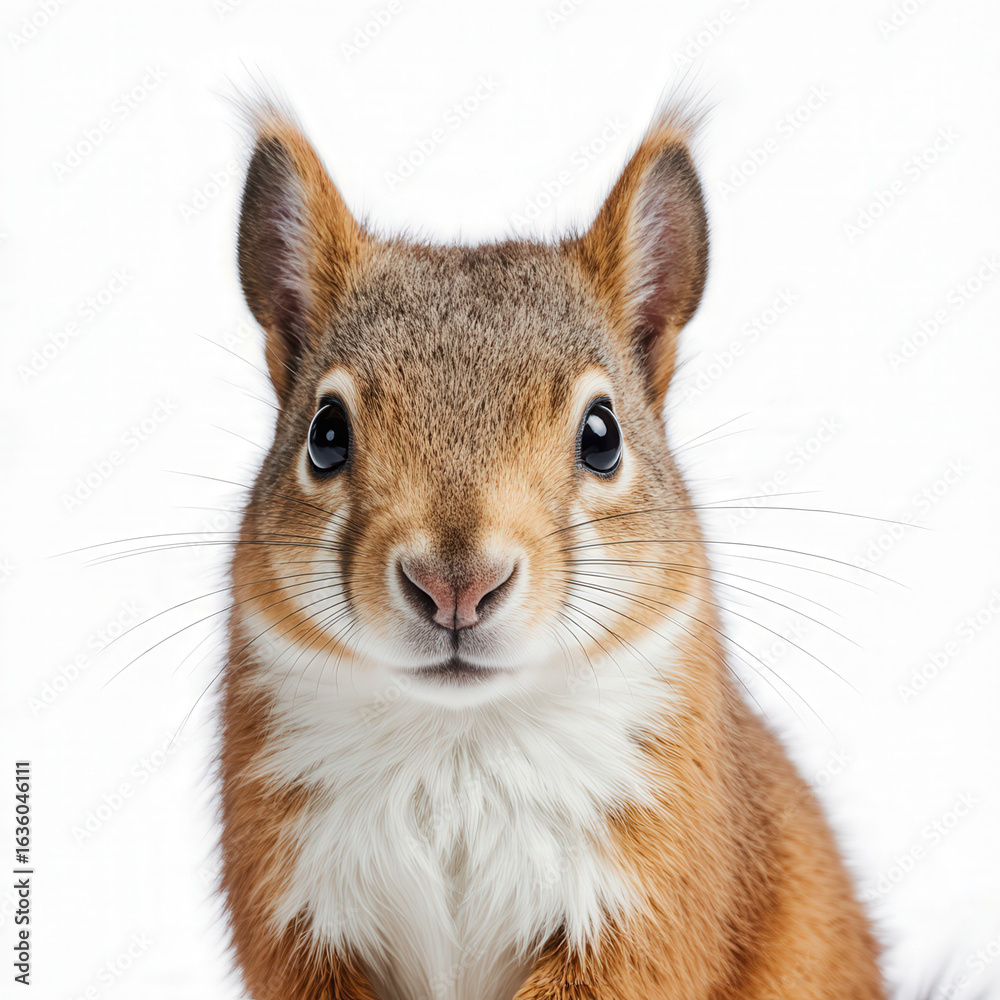 Obraz premium Squirrel's Piercing Gaze: A close-up portrait captures the inquisitive and charming face of a red squirrel. The subject, with its alert eyes and intricate fur, embodies a curious gaze.