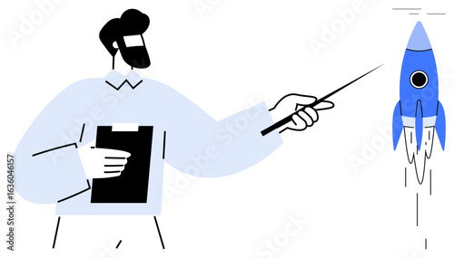 Man holding clipboard, pointing at blue rocket. Ideal for business growth, startup launch, planning, innovation, success, leadership training. Simple flat metaphor for ambition