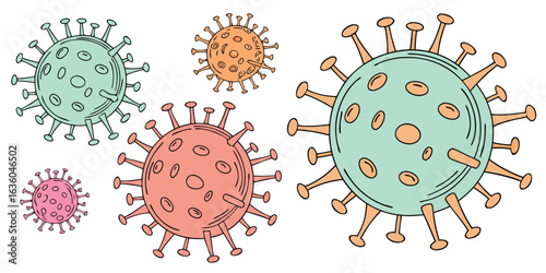 Colorful Cartoon Illustration of Various Coronavirus Molecules Displaying Their Spiky Outer Structures and Distinctive Shapes on a White Background