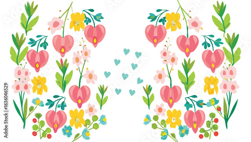 Symmetrical floral arrangement featuring bleeding heart flowers and assorted foliage on a white background
