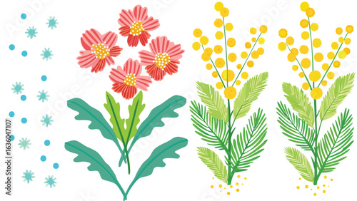 Illustration showing a group of pink flowers with yellow centers and two mimosa plants together nicely