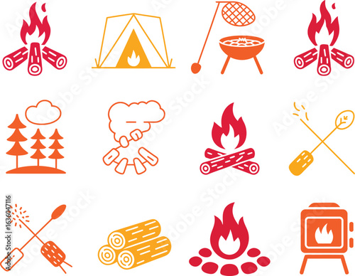 Collection of camping and outdoor fire icons and illustrations