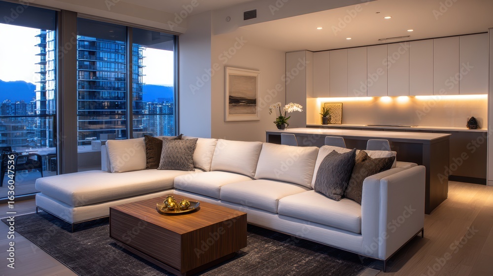 Fototapeta premium Modern living room with a white sectional sofa, wooden coffee table, and city skyline view at dusk