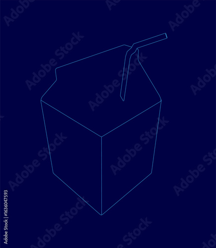 A blue milk package with a straw sticking out stands against a dark blue background, featuring clean contours and a simple drink design. The minimalist composition highlights the product's modern.