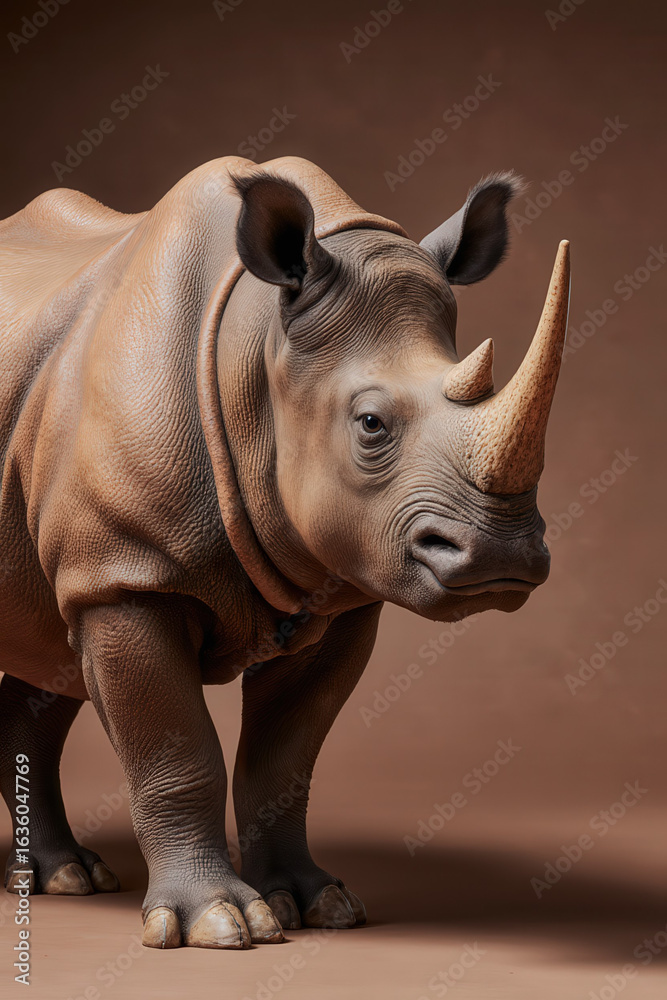 Obraz premium Powerful Rhinoceros: A majestic rhinoceros stands proudly against a neutral backdrop, its impressive horn a symbol of strength. captured in photorealistic style.