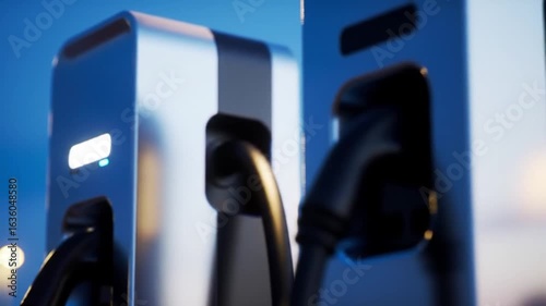 Wallpaper Mural Electric Vehicle Chargers at Dusk Displaying Digital Data with Plugged In Cables Against a Dark Blue Background Torontodigital.ca