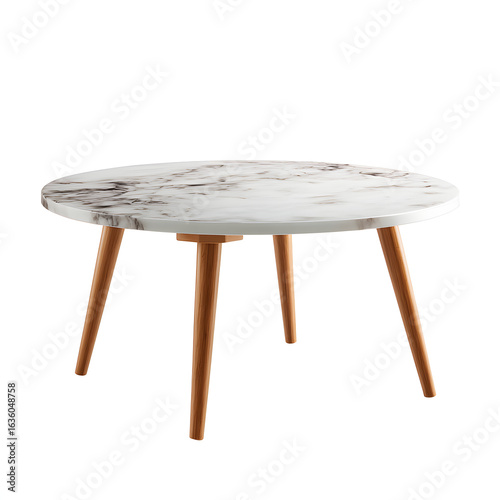 A white marble coffee table with wooden legs