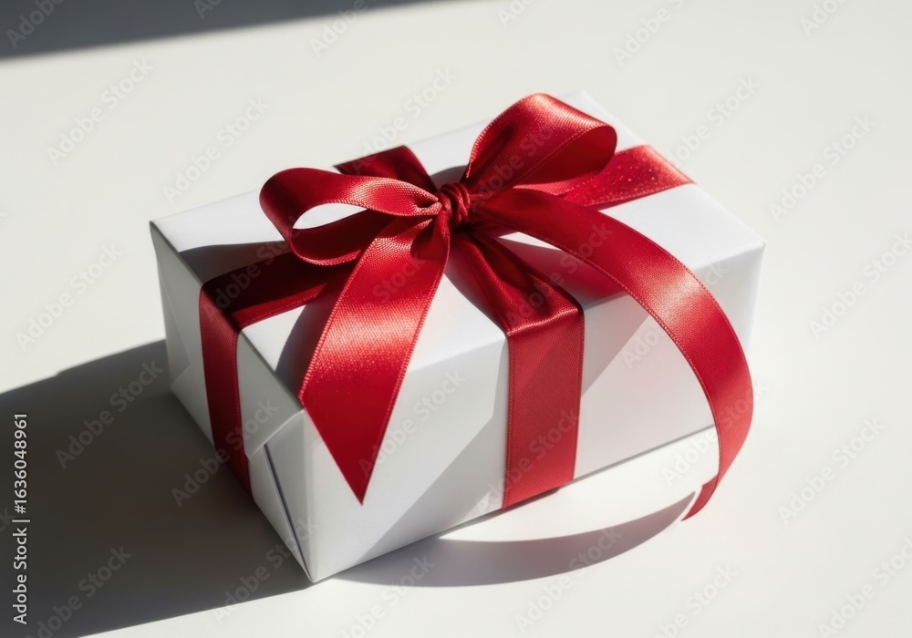 Obraz premium Elegant white gift box tied with a luxurious red ribbon