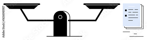Traditional balancing scale compared with stacked documents, focusing on themes of justice, equality, decision-making, law, balance, legal evaluation. Ideal for concepts of judgment, simple landing