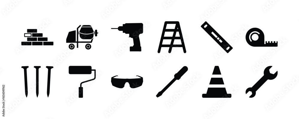 Obraz premium Construction tools vector icon set including drill, ladder, level, tape, bricks, and more tools