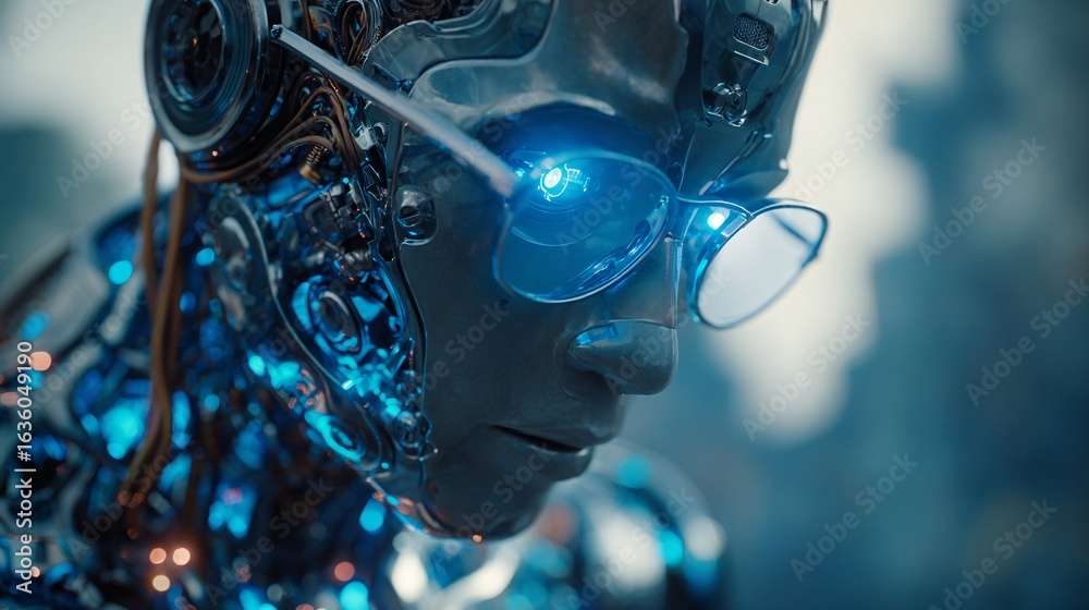 Fototapeta premium Futuristic robot with glasses shows advanced technology and design.