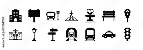Cityscape elements silhouette icons vector illustration of urban infrastructure and transportations