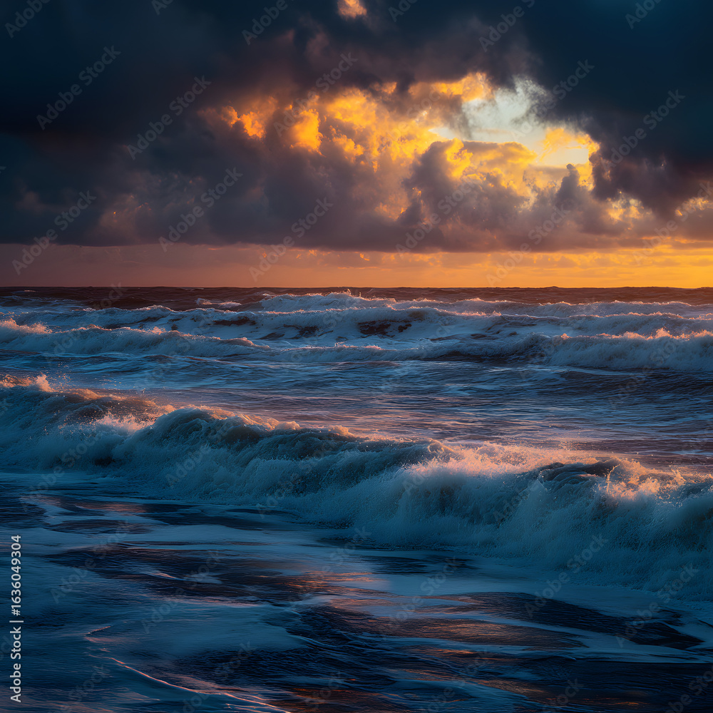 Fototapeta premium The ocean is rough with waves crashing against the shore