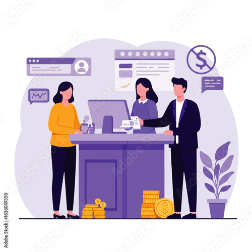 A bank teller assists customers with financial transactions, illustrating banking services and money.