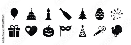 Celebration party icons vector set for birthday christmas halloween and thanksgiving holiday design 