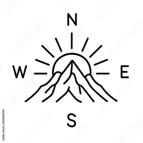 Mountain logo design with compass directions and sunrise  