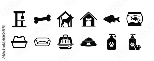 Pet supplies and accessories vector icons set including dog house fish bowl and pet care products